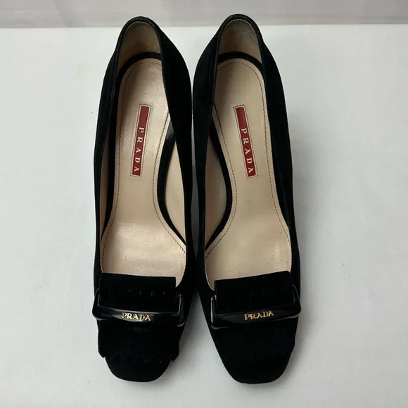 Prada Logo Black Suede Square Toe Block Heels Pumps size 38.5 - Picture 3 of 9